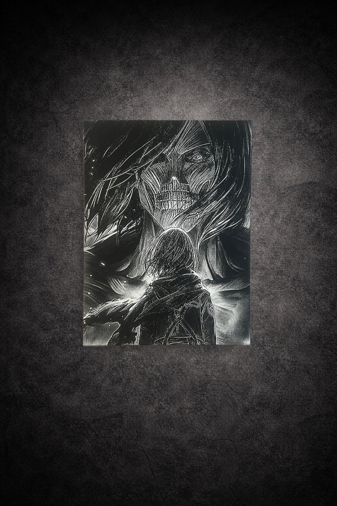 Tableau noir et blanc héroïne face à créature géante épique