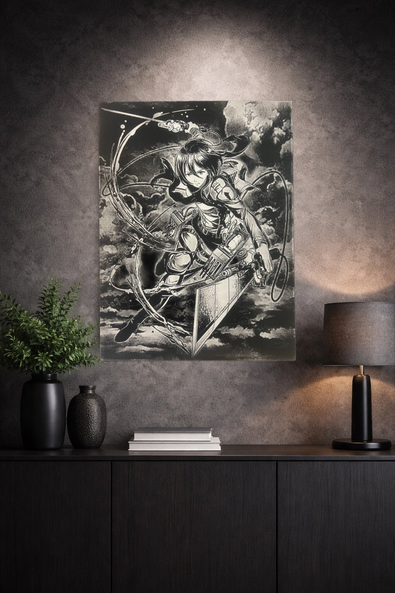Tableau héroïne en combat aérien épique style sombre décoration murale 30x40 cm - DesignRomArt