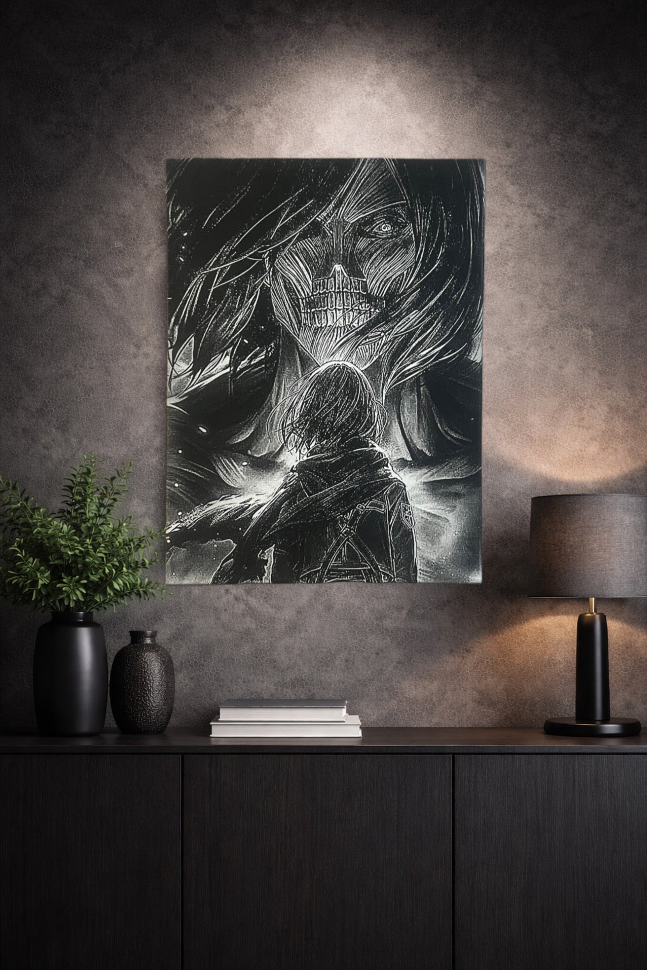 Tableau héroïne face à créature géante sombre épique décoration murale 30x40 cm - DesignRomArt