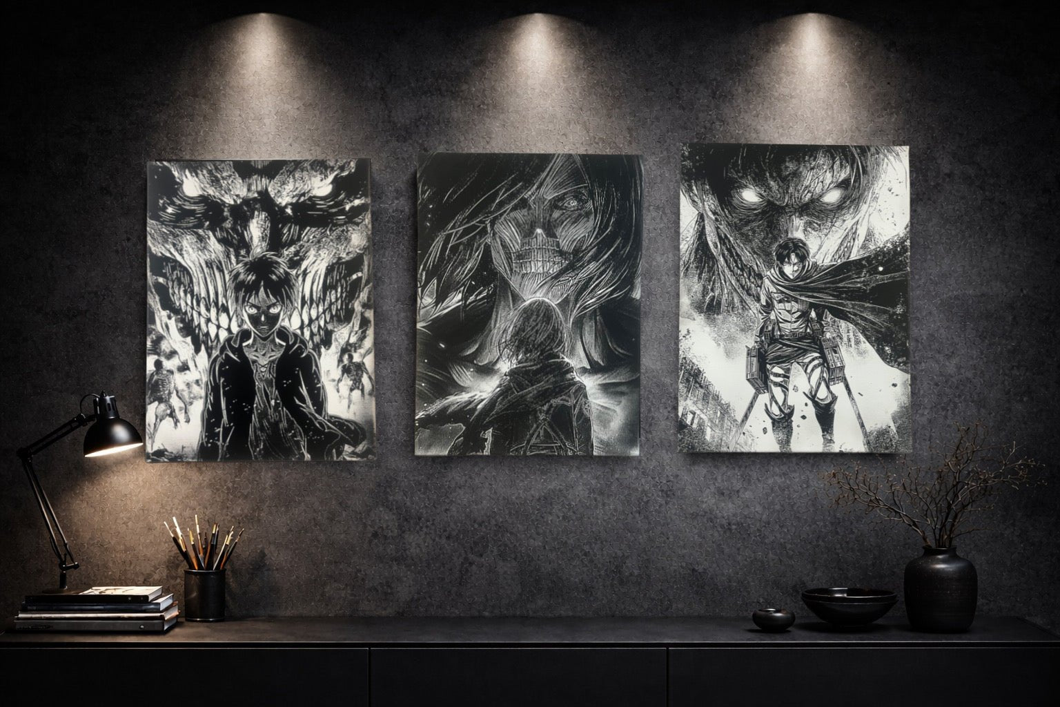 Tableau héroïne face à créature géante sombre épique décoration murale 30x40 cm - DesignRomArt