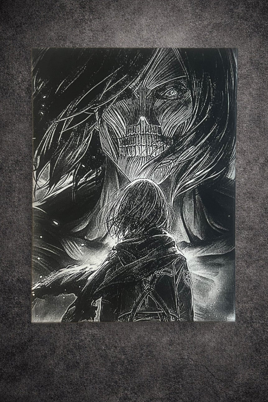 Tableau héroïne face à créature géante sombre épique décoration murale 30x40 cm - DesignRomArt