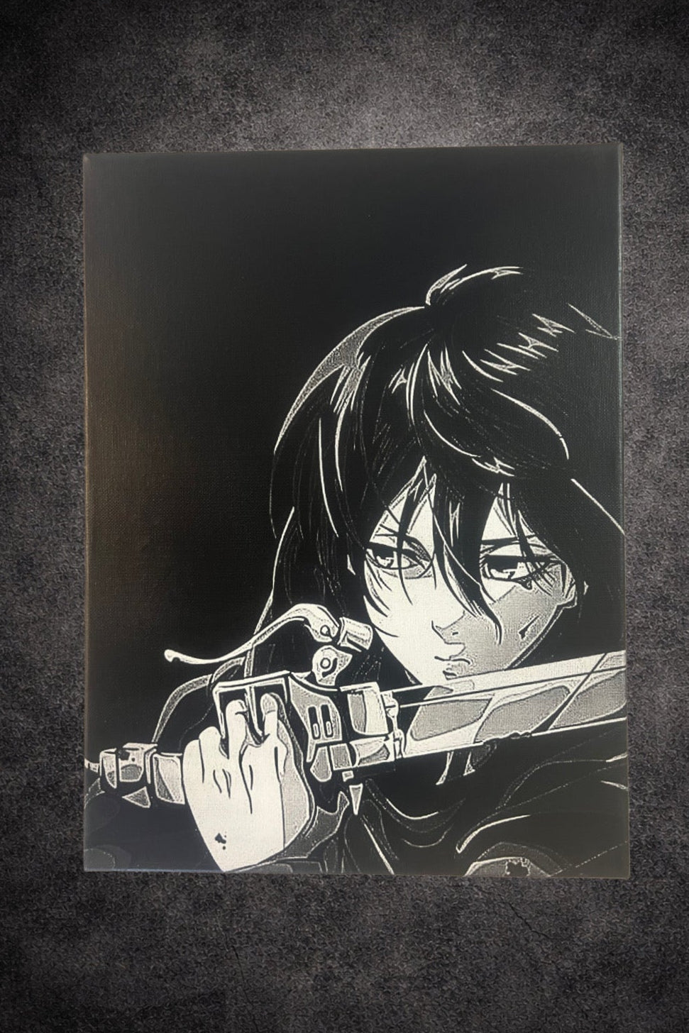 Tableau héroïne guerrière au sabre regard intense style sombre décoration murale 30x40 cm - DesignRomArt