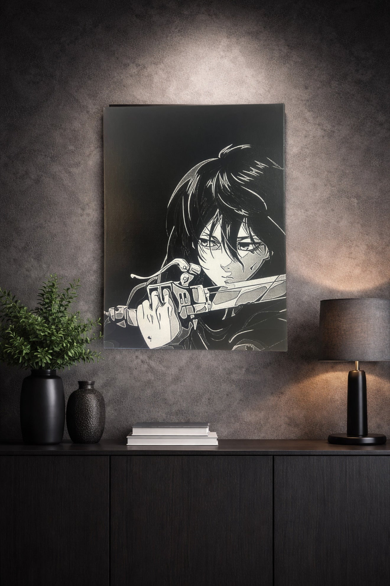 Tableau héroïne guerrière au sabre regard intense style sombre décoration murale 30x40 cm - DesignRomArt