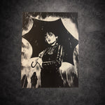 Tableau noir et blanc héroïne sous la pluie ambiance cinématographique intense