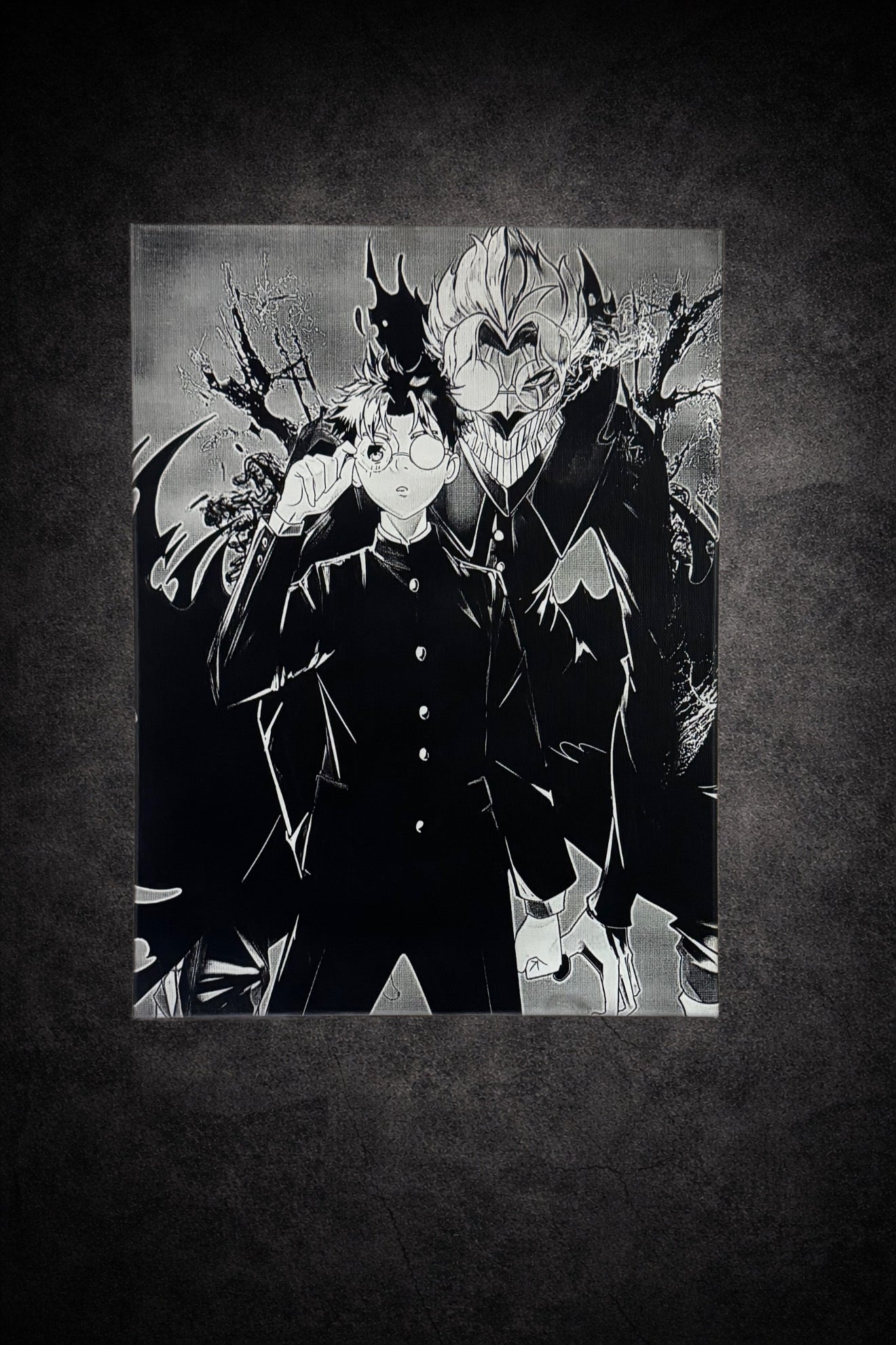 Tableau héros sombre face à une créature d’ombre noir et blanc décoration murale puissante