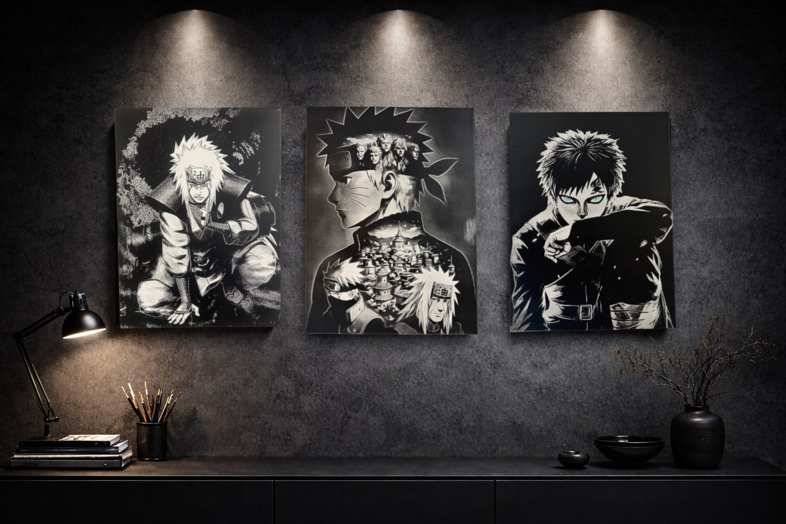 Tableau héros ninja et héritage du village noir et blanc – décoration murale 30x40 cm - DesignRomArt