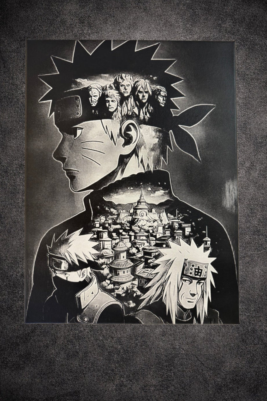 Tableau héros ninja et héritage du village noir et blanc – décoration murale 30x40 cm - DesignRomArt