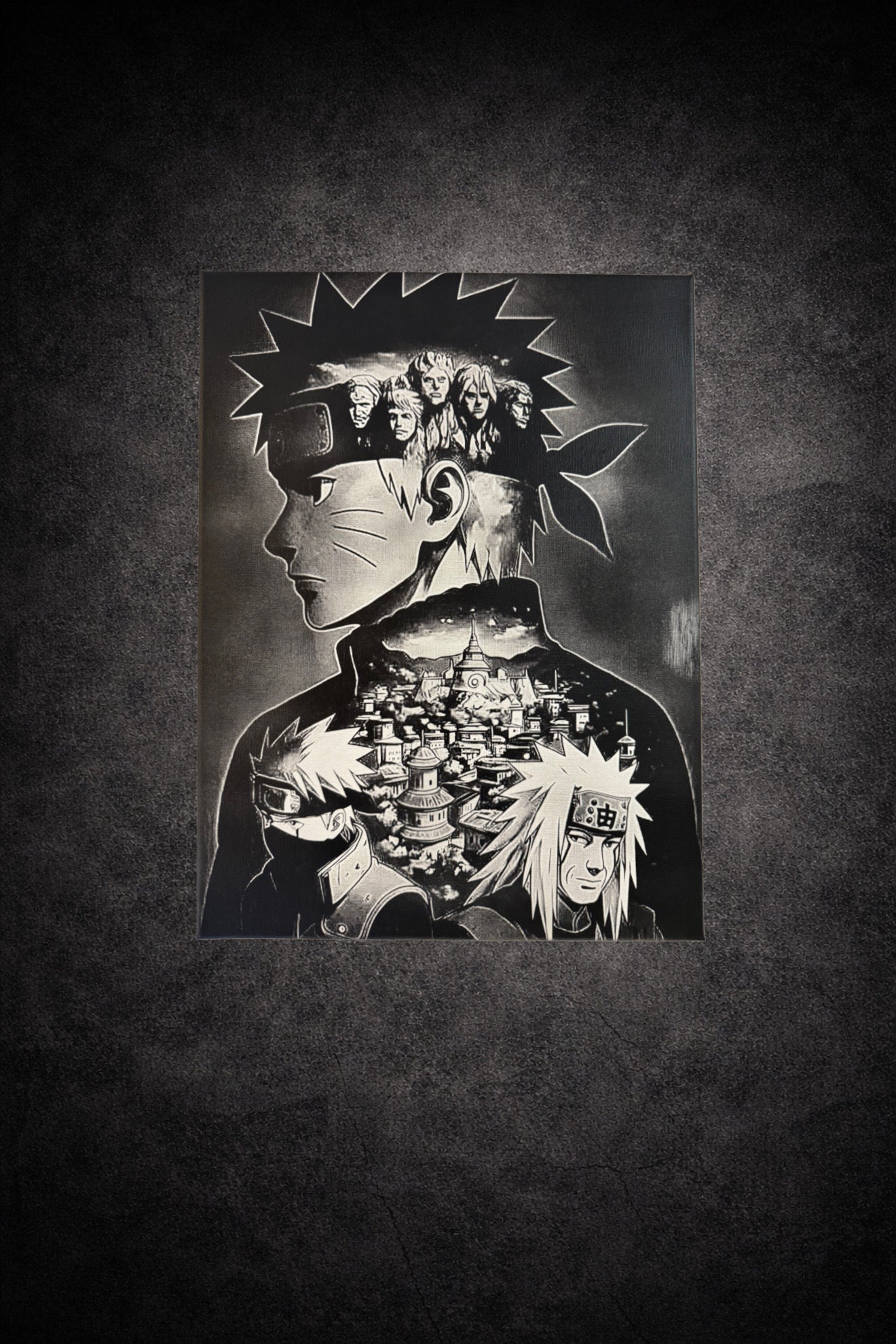 Tableau noir et blanc héros ninja composition épique