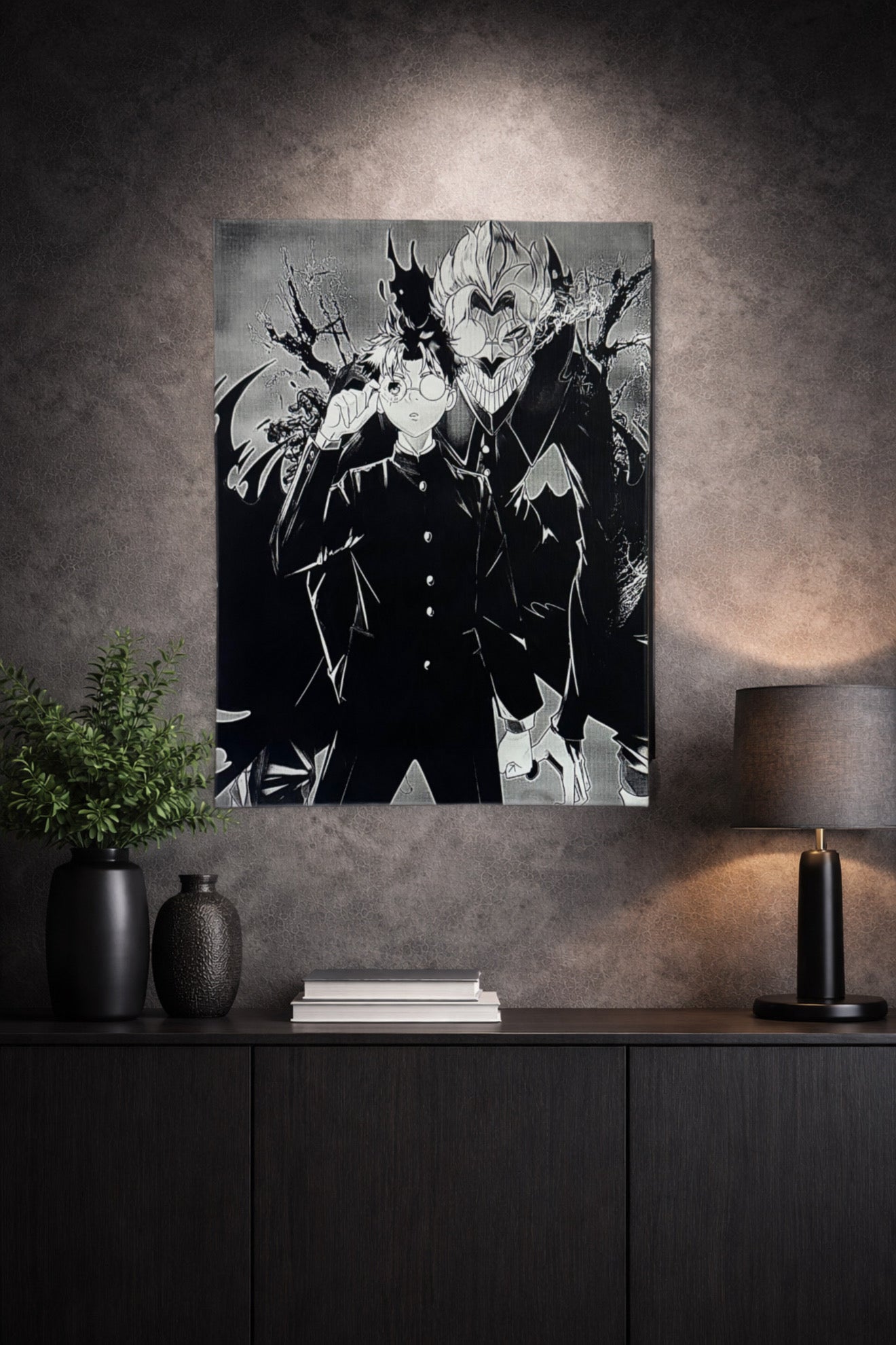 Tableau mural noir et blanc héros et créature sombre dans intérieur moderne