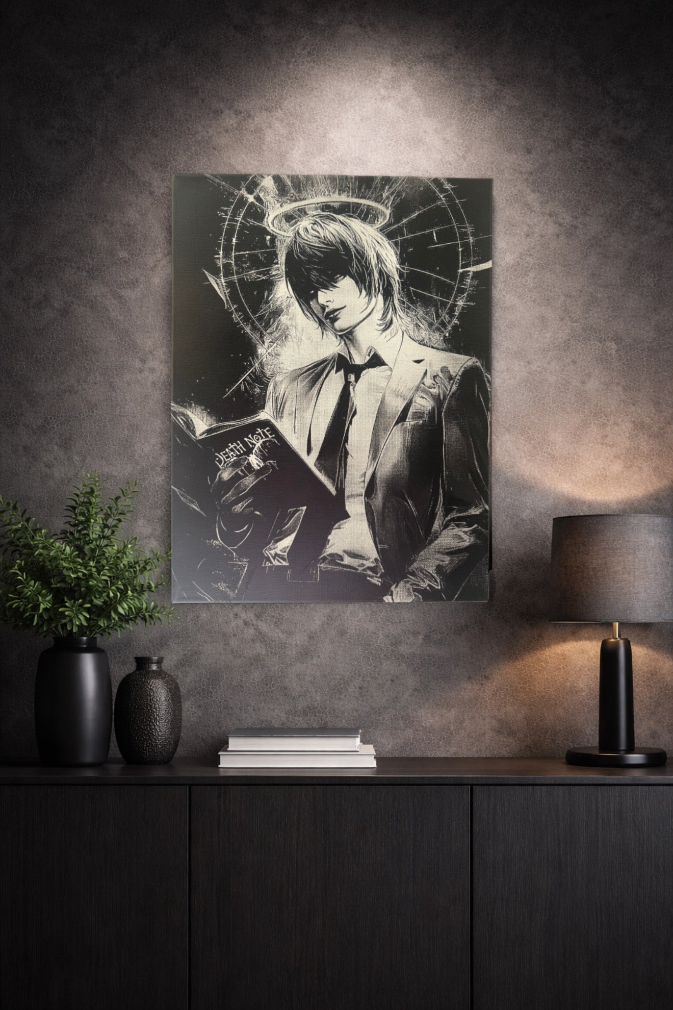 Tableau homme mystérieux lisant un carnet de pouvoir sombre et halo lumineux noir et blanc – décoration murale artistique 30x40 cm - DesignRomArt