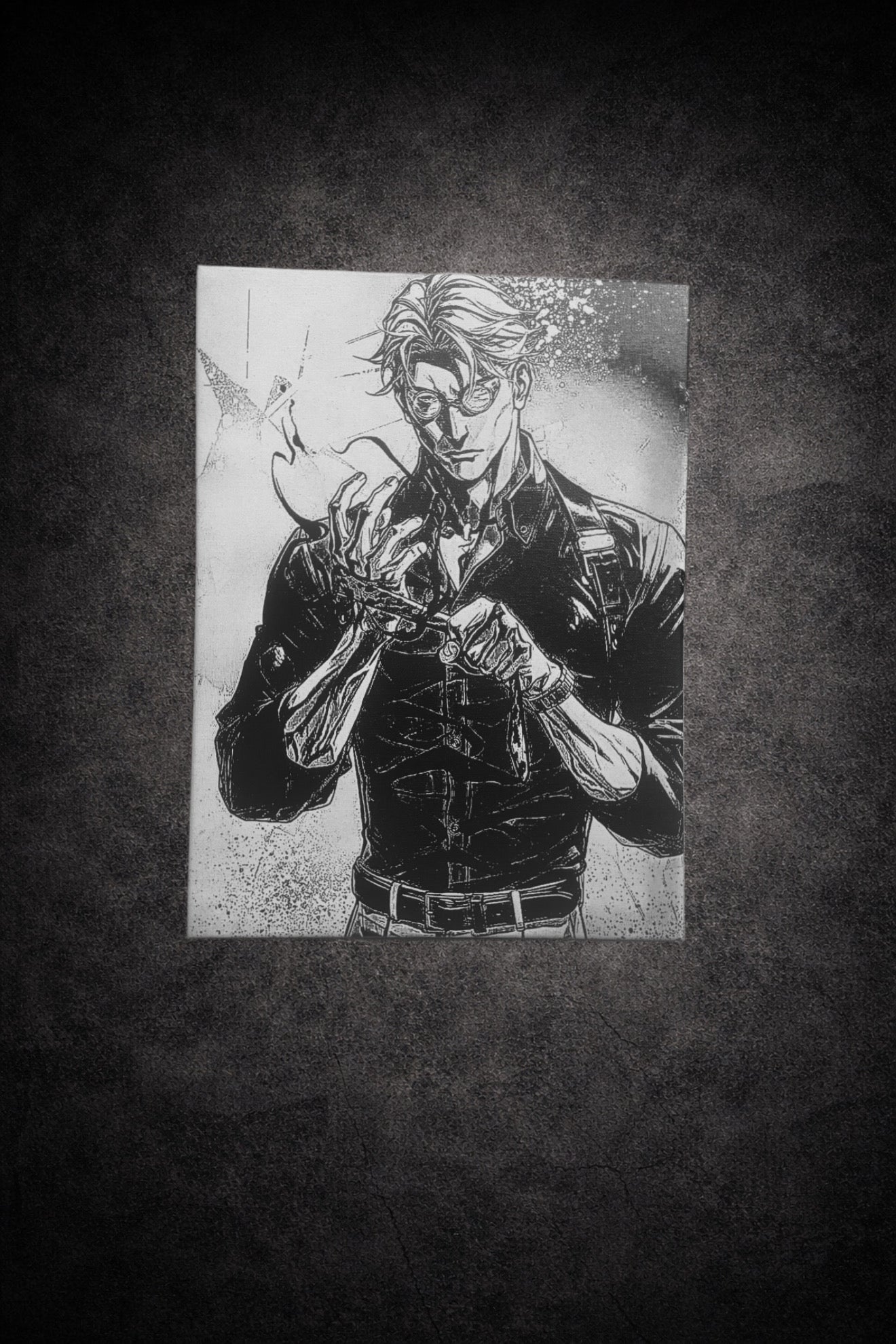 Tableau noir et blanc représentant un homme en préparation tactique