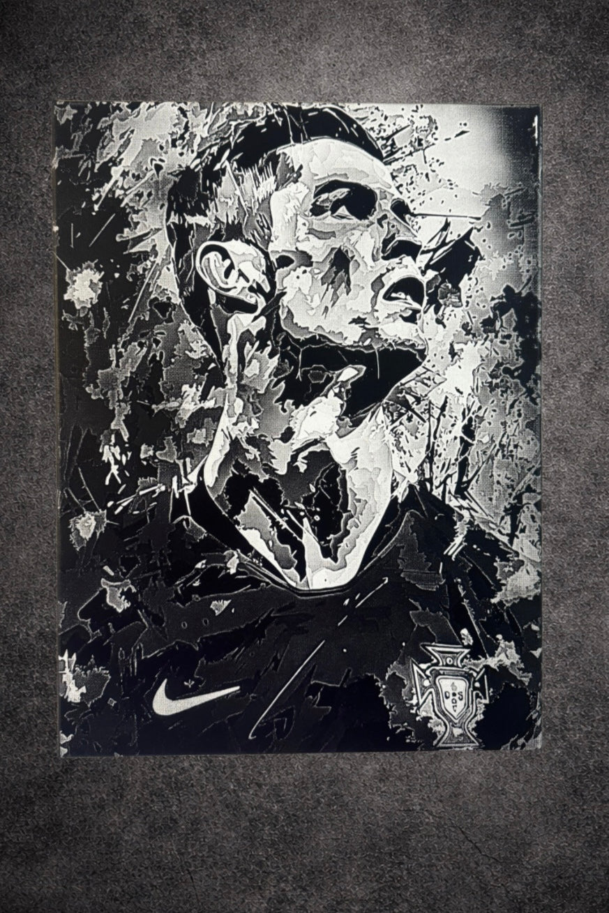 Tableau inspiré d'une icône du football dans un style noir et blanc moderne