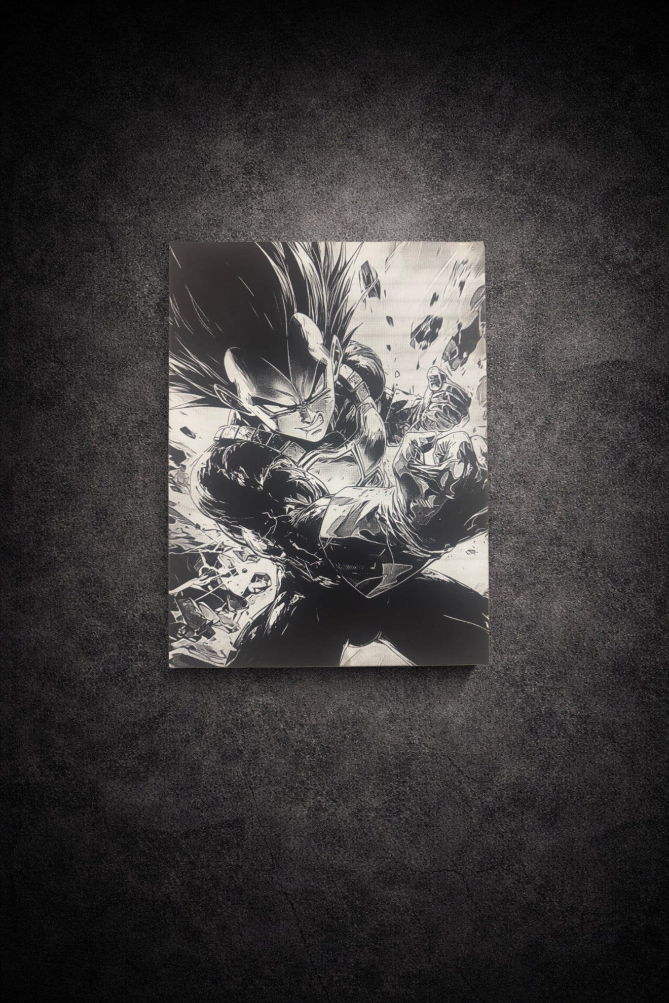 Tableau manga noir et blanc capturant un instant d’impact et d’attaque décisive, art mural dynamique sur toile 30x40 cm