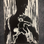 Tableau jeune combattant attaque d énergie silhouette géante décoration murale manga noir et blanc style japonais 30x40 cm - DesignRomArt