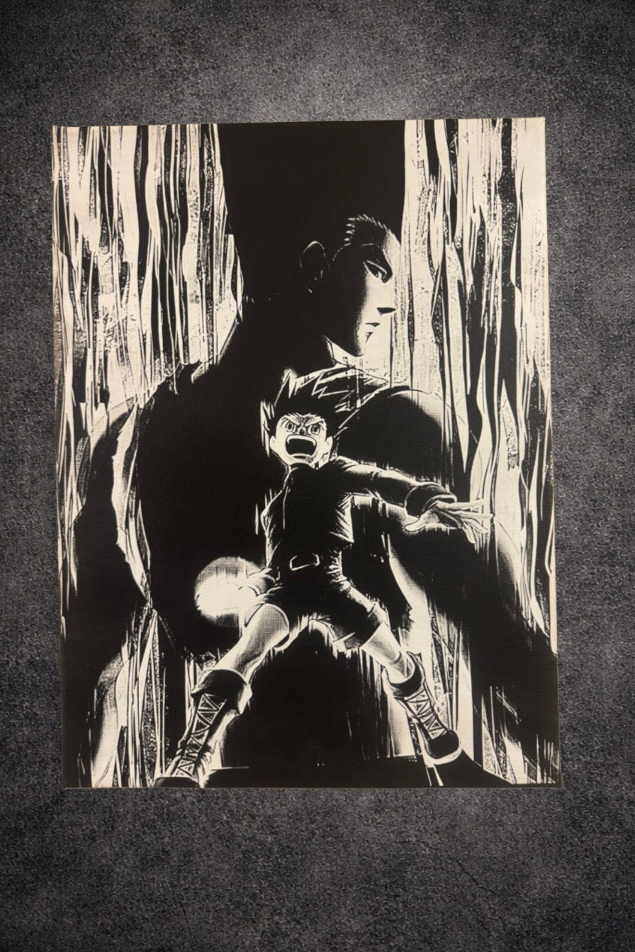 Tableau jeune combattant attaque d énergie silhouette géante décoration murale manga noir et blanc style japonais 30x40 cm - DesignRomArt