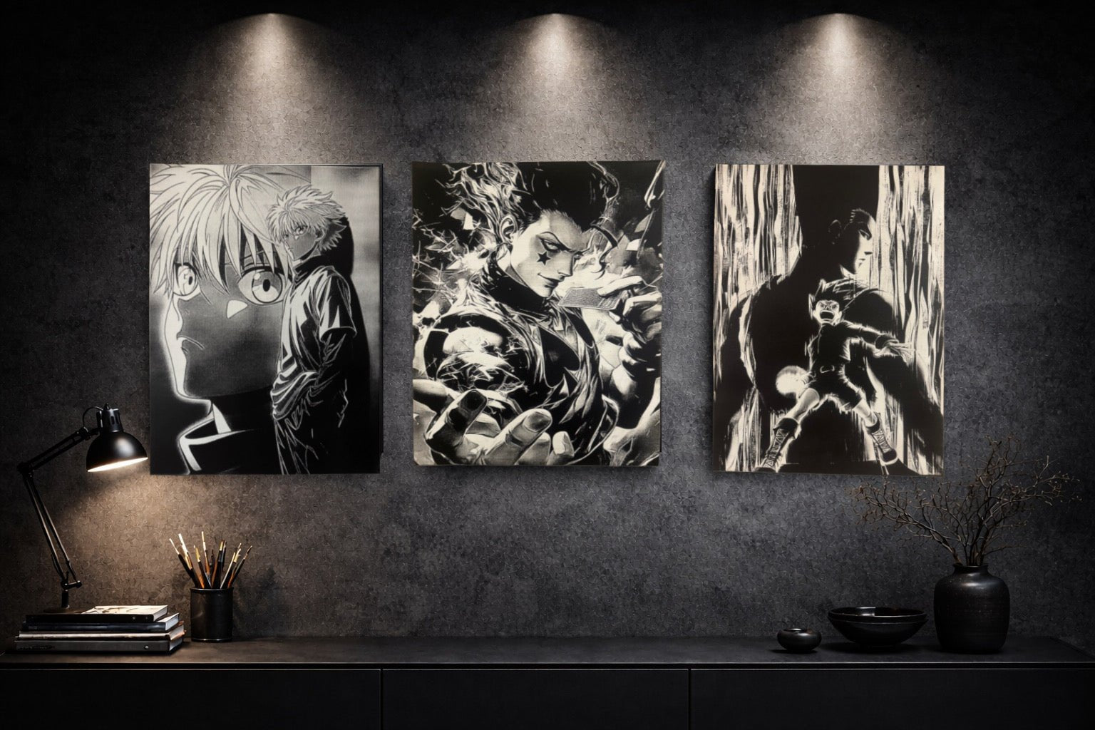 Tableau jeune combattant attaque d énergie silhouette géante décoration murale manga noir et blanc style japonais 30x40 cm - DesignRomArt