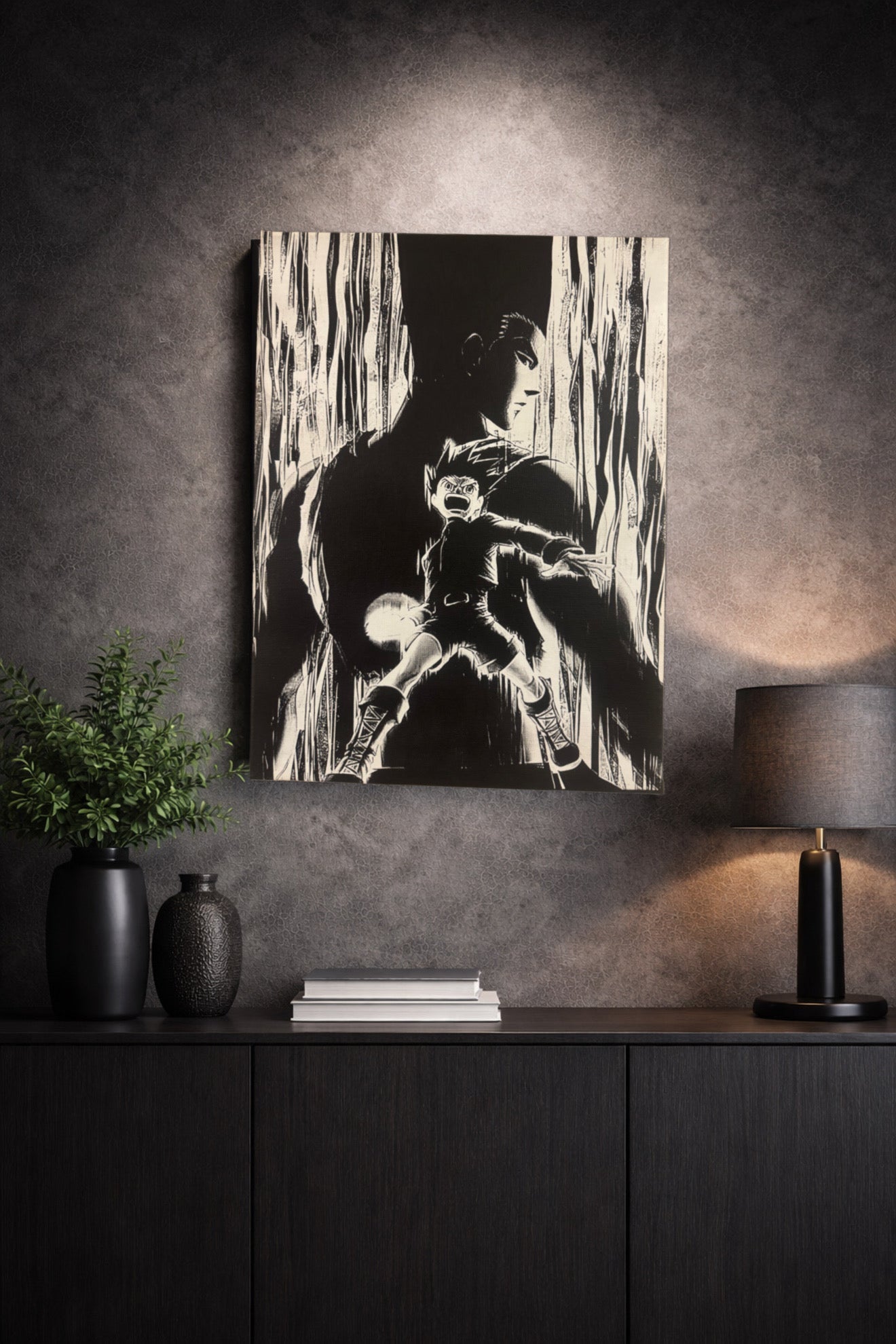 Tableau jeune combattant attaque d énergie silhouette géante décoration murale manga noir et blanc style japonais 30x40 cm - DesignRomArt