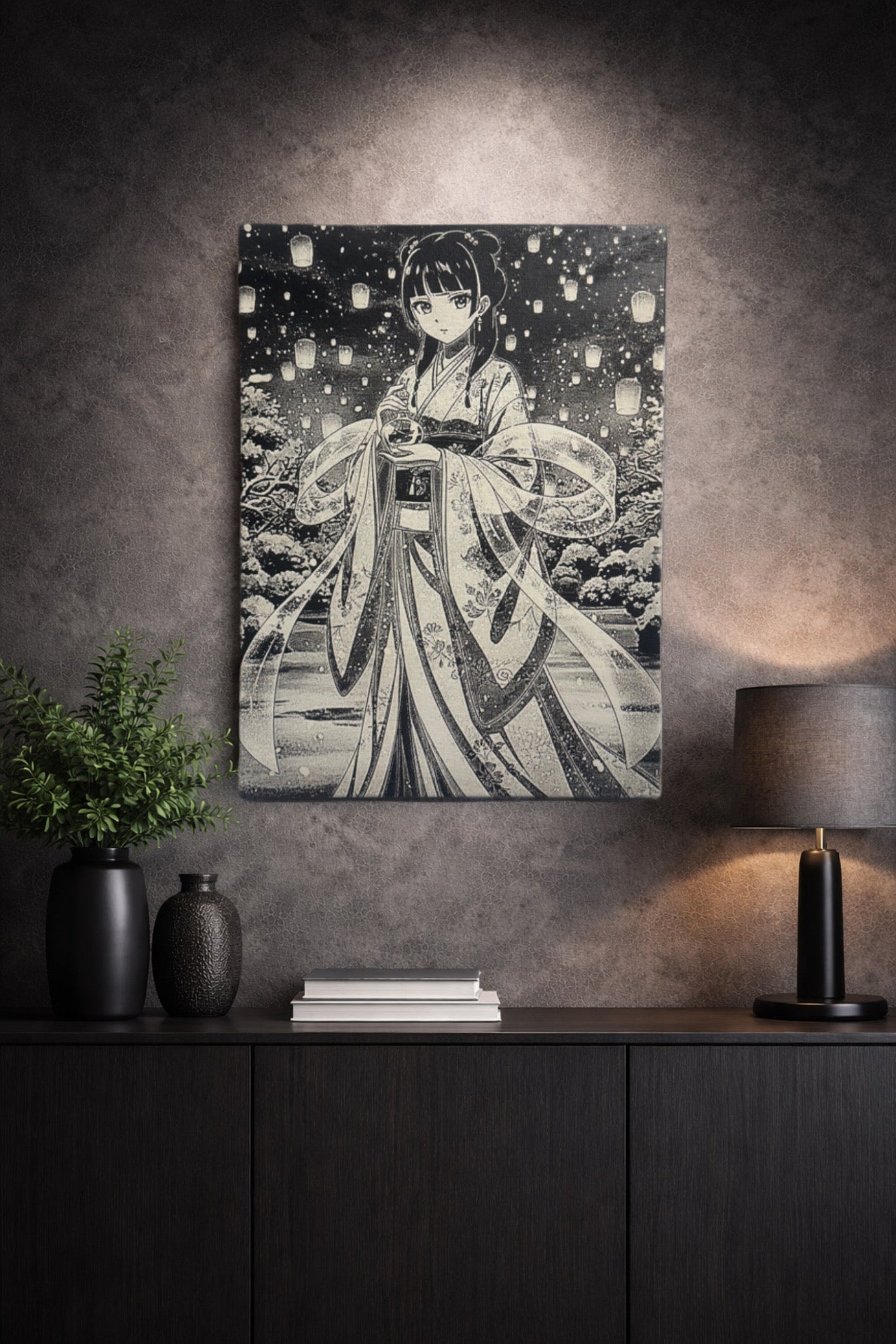 Tableau jeune guérisseuse sous lanternes lumineuses – style asiatique poétique noir et blanc – décoration murale 30x40 cm - DesignRomArt