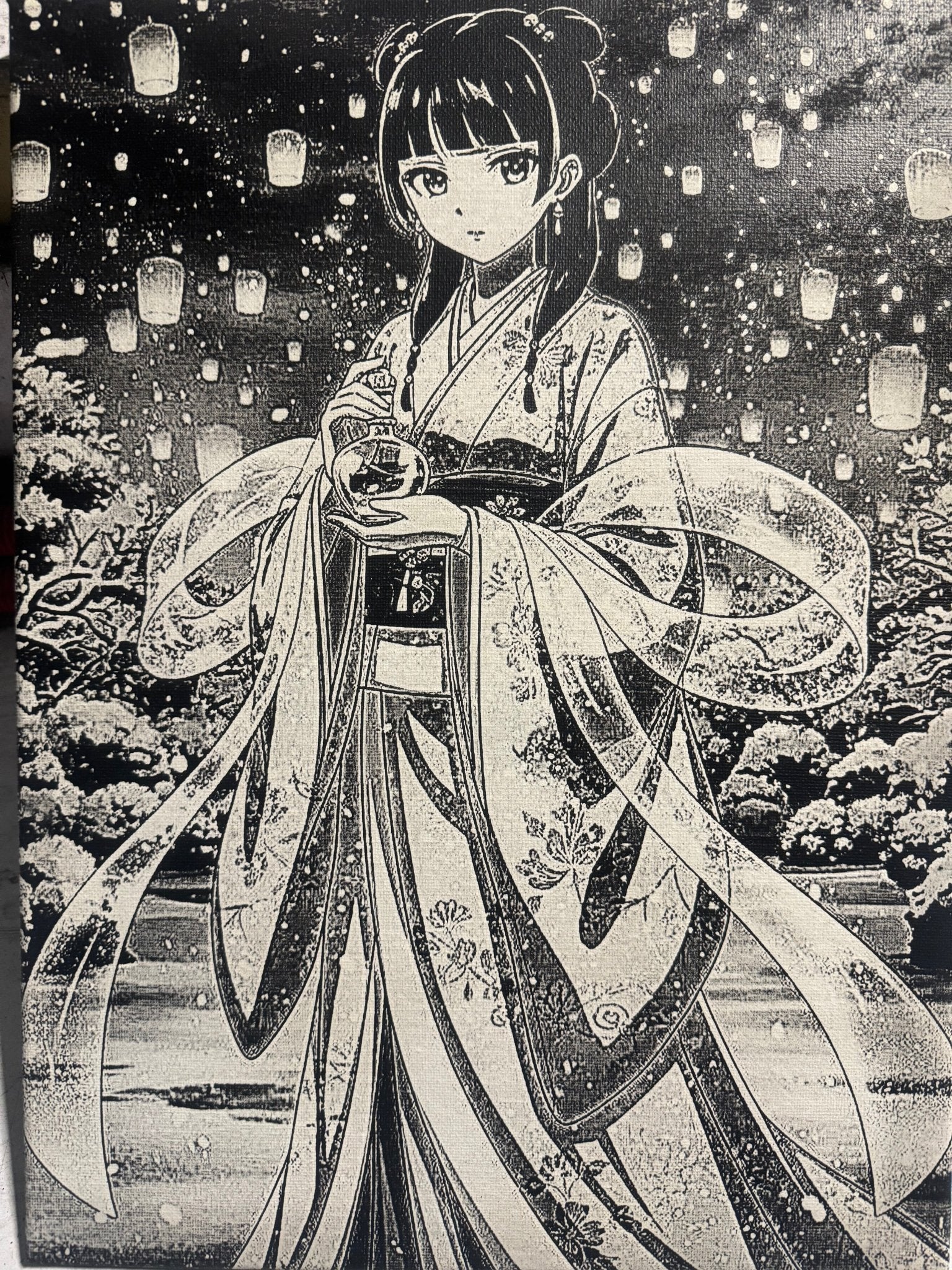 Tableau jeune guérisseuse sous lanternes lumineuses – style asiatique poétique noir et blanc – décoration murale 30x40 cm - DesignRomArt