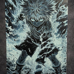 Tableau jeune guerrier électrique regard lumineux combat intense décoration murale manga noir et blanc 30x40 cm - DesignRomArt