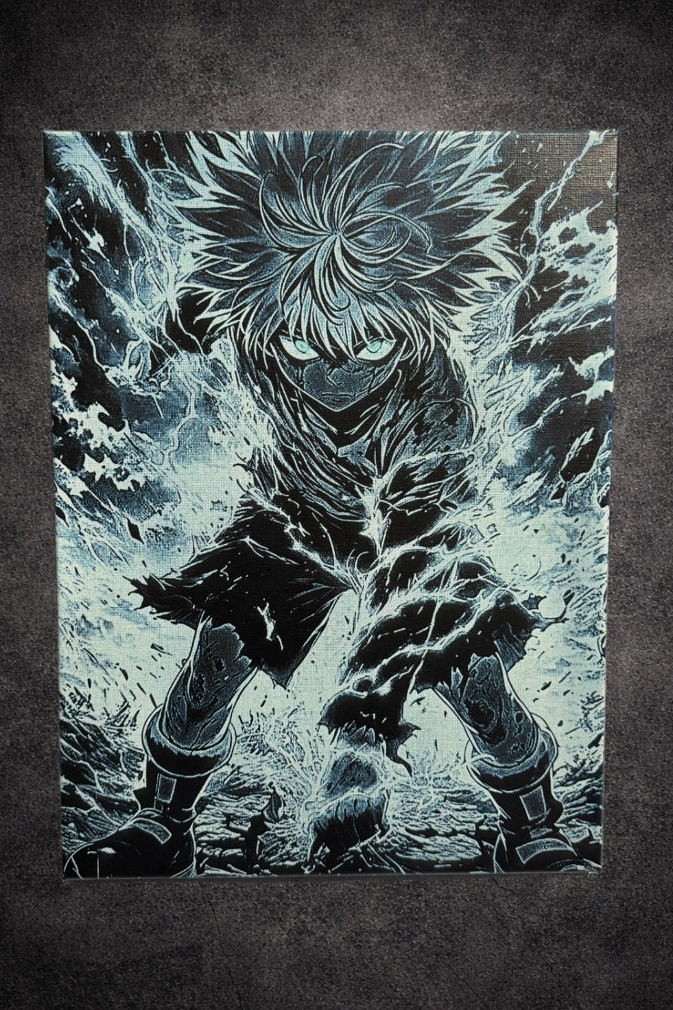 Tableau jeune guerrier électrique regard lumineux combat intense décoration murale manga noir et blanc 30x40 cm - DesignRomArt