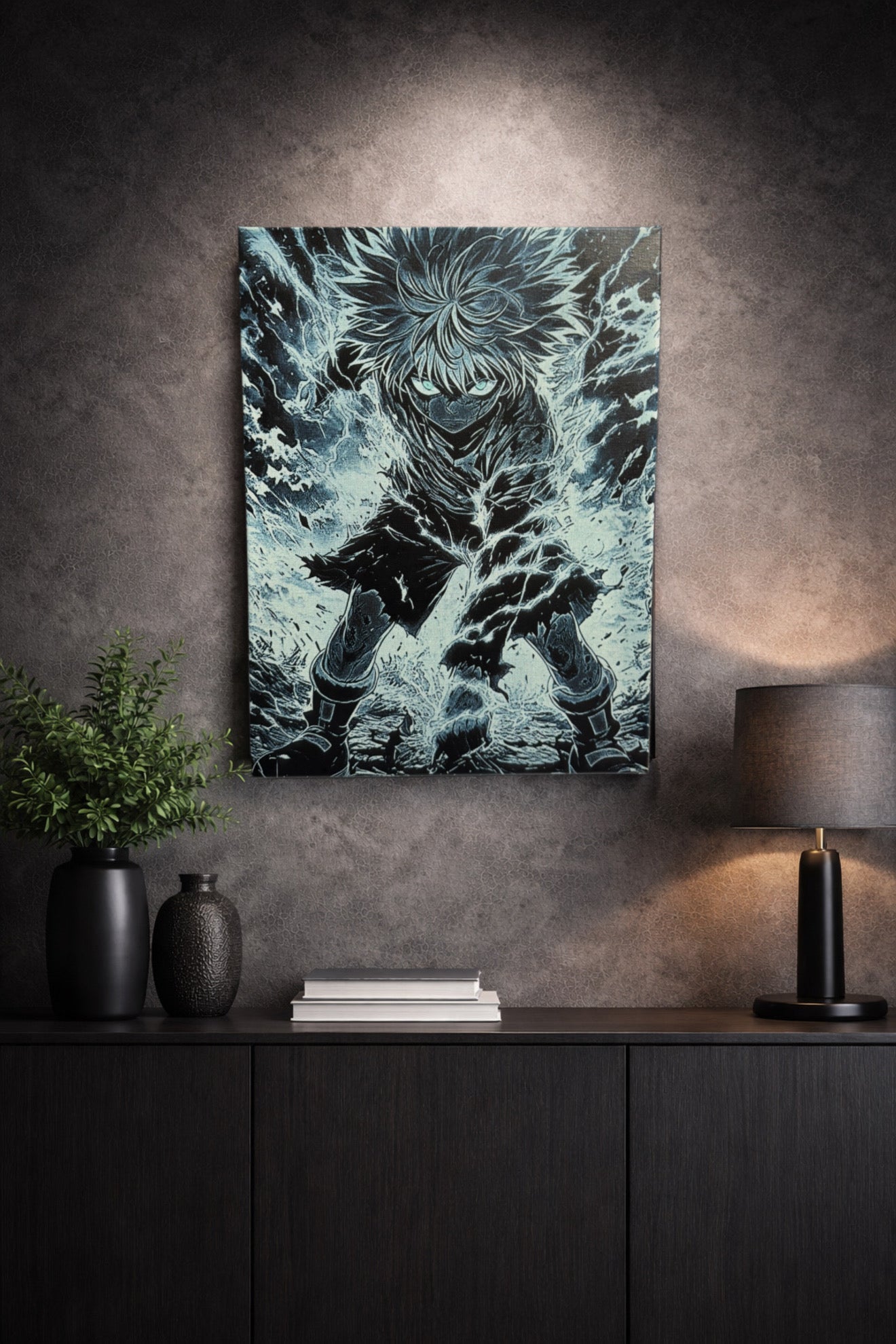 Tableau jeune guerrier électrique regard lumineux combat intense décoration murale manga noir et blanc 30x40 cm - DesignRomArt