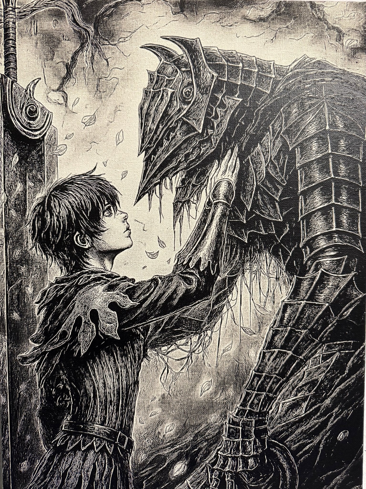 Tableau jeune guerrier face à créature blindée géante – scène épique sombre noir et blanc – décoration murale 30x40 cm - DesignRomArt