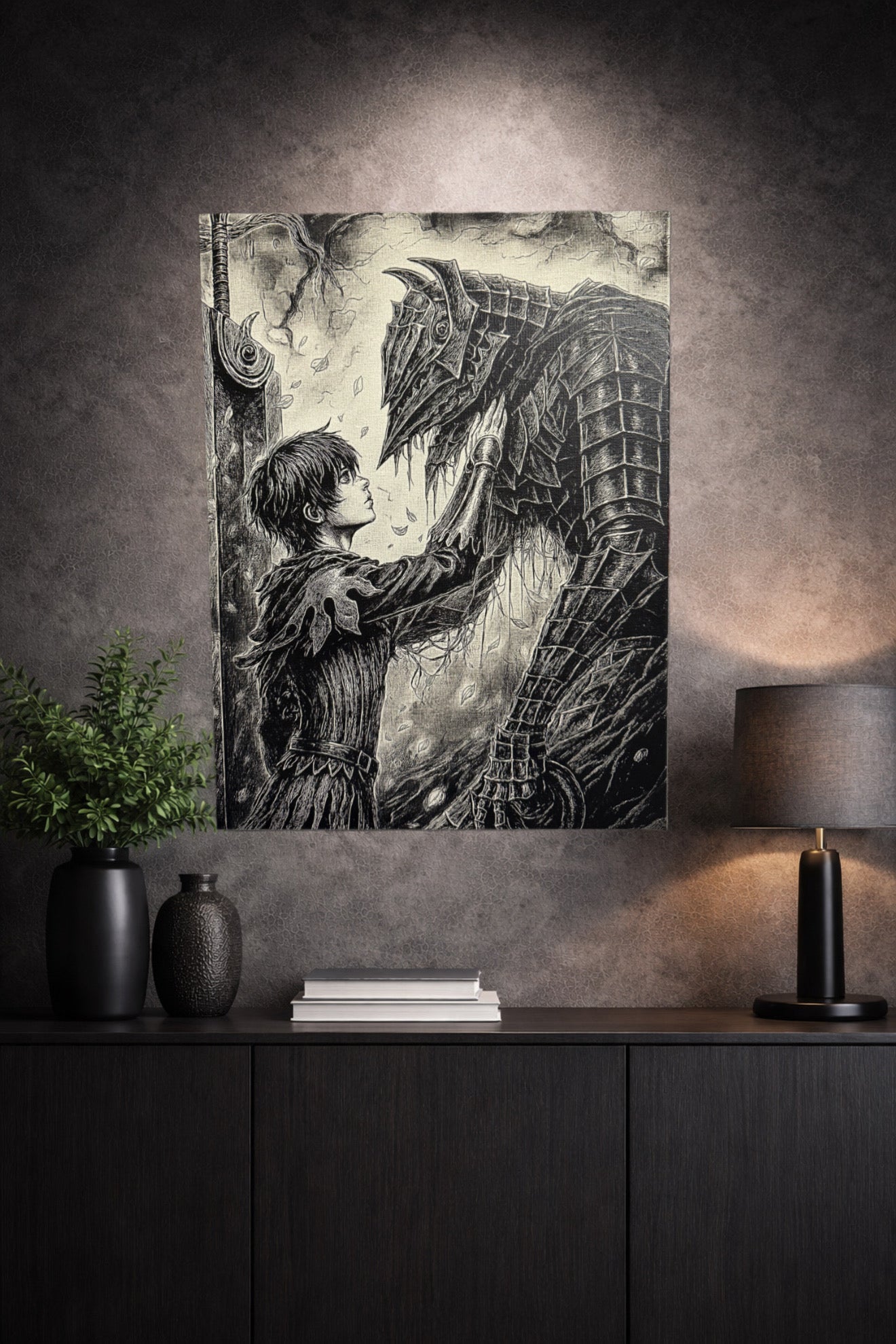 Tableau jeune guerrier face à créature blindée géante – scène épique sombre noir et blanc – décoration murale 30x40 cm - DesignRomArt