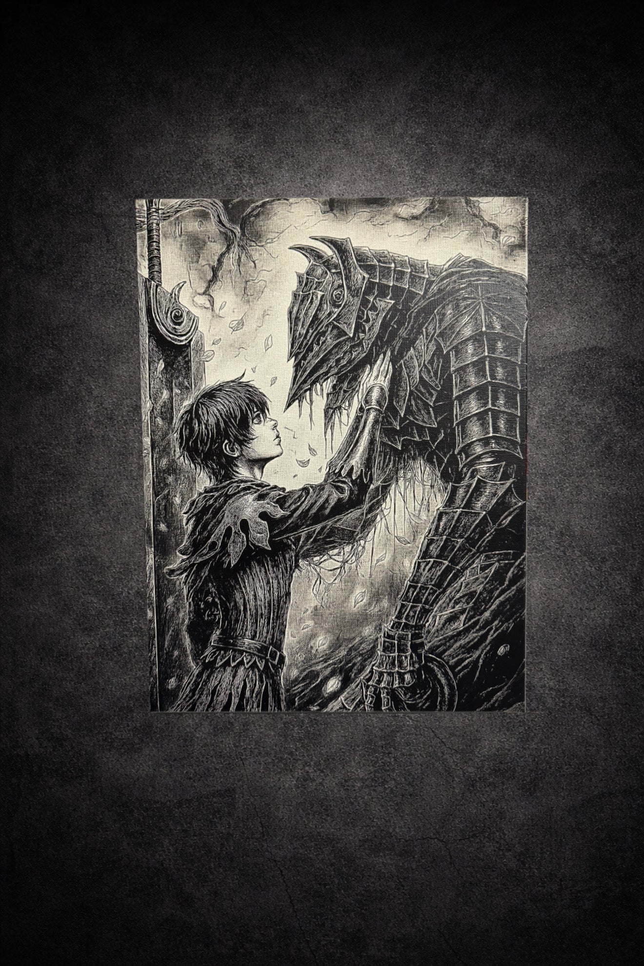 Tableau jeune guerrier face à créature blindée géante – scène épique sombre noir et blanc – décoration murale 30x40 cm - DesignRomArt