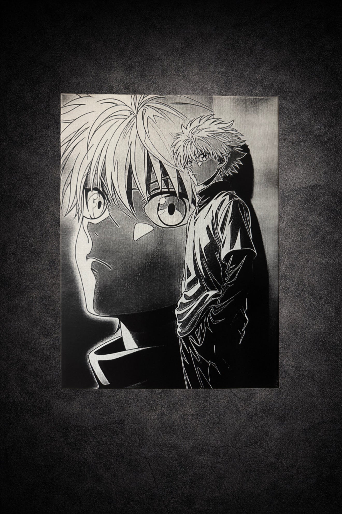 Tableau jeune guerrier regard intense double portrait style manga noir et blanc décoration murale 30x40 cm - DesignRomArt