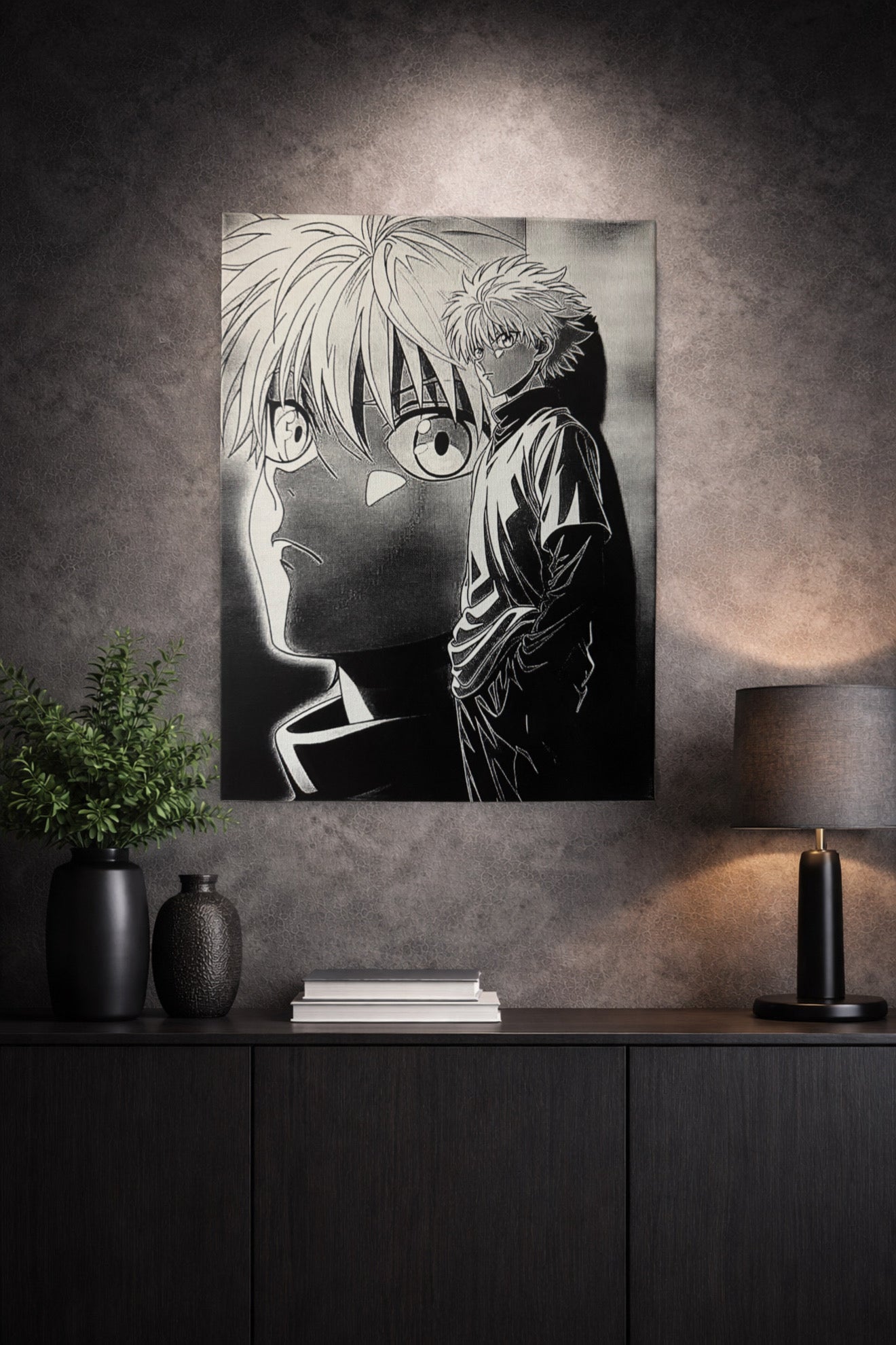 Tableau jeune guerrier regard intense double portrait style manga noir et blanc décoration murale 30x40 cm - DesignRomArt