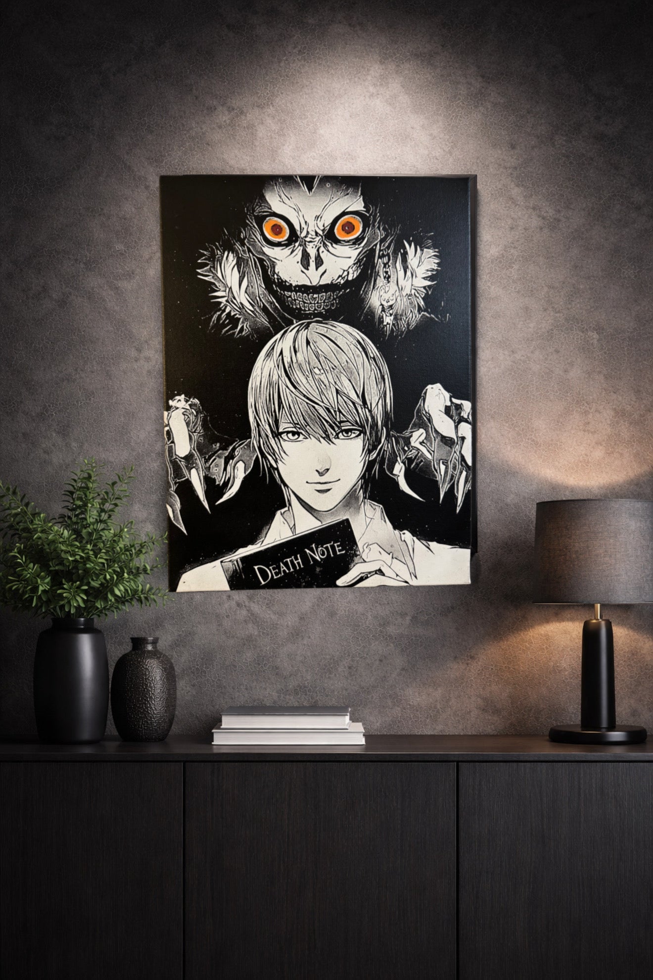Tableau jeune stratège sombre face à créature démoniaque ambiance mystique noir et blanc décoration murale 30x40 cm - DesignRomArt