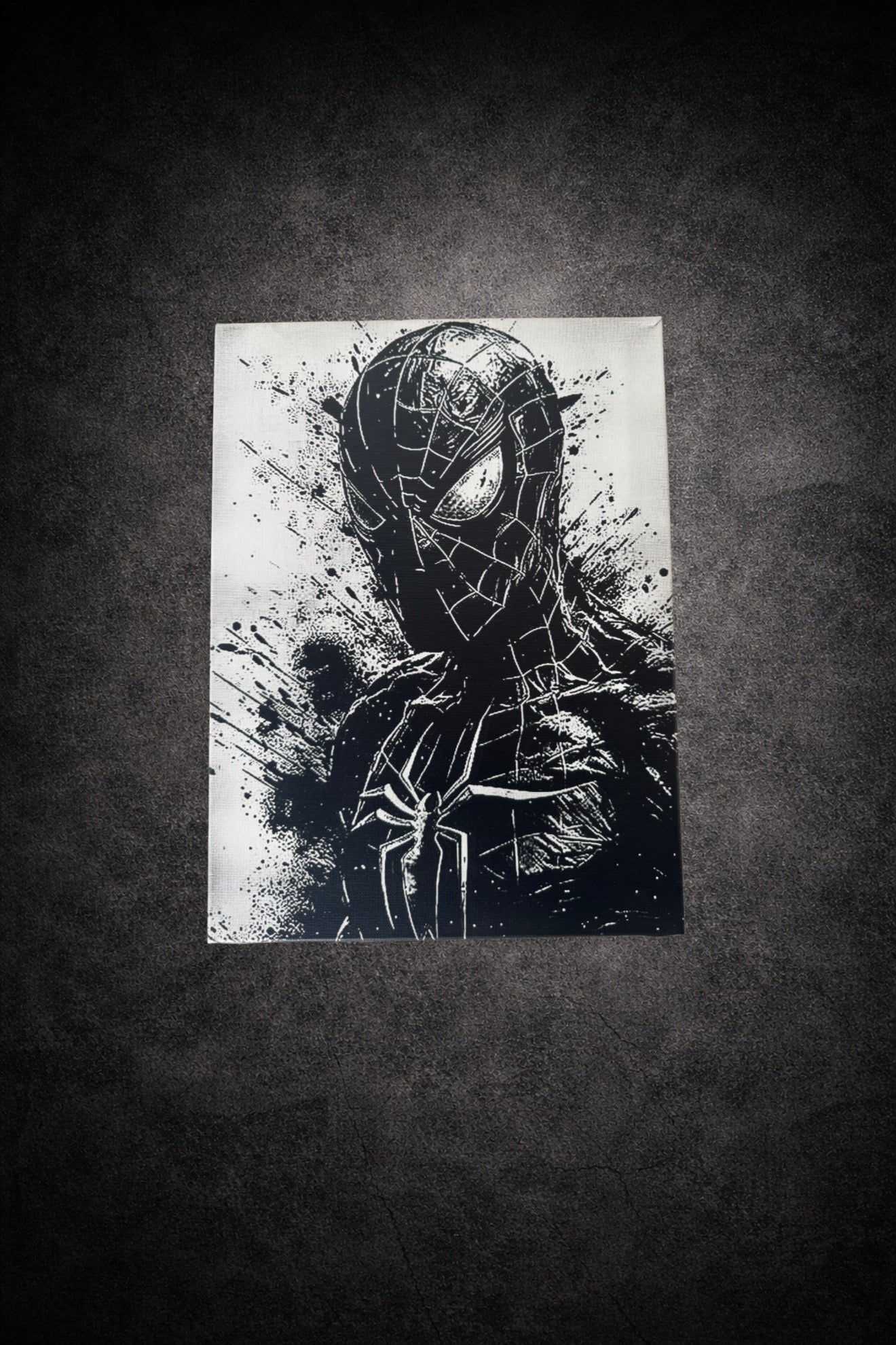 Tableau noir et blanc représentant un justicier masqué