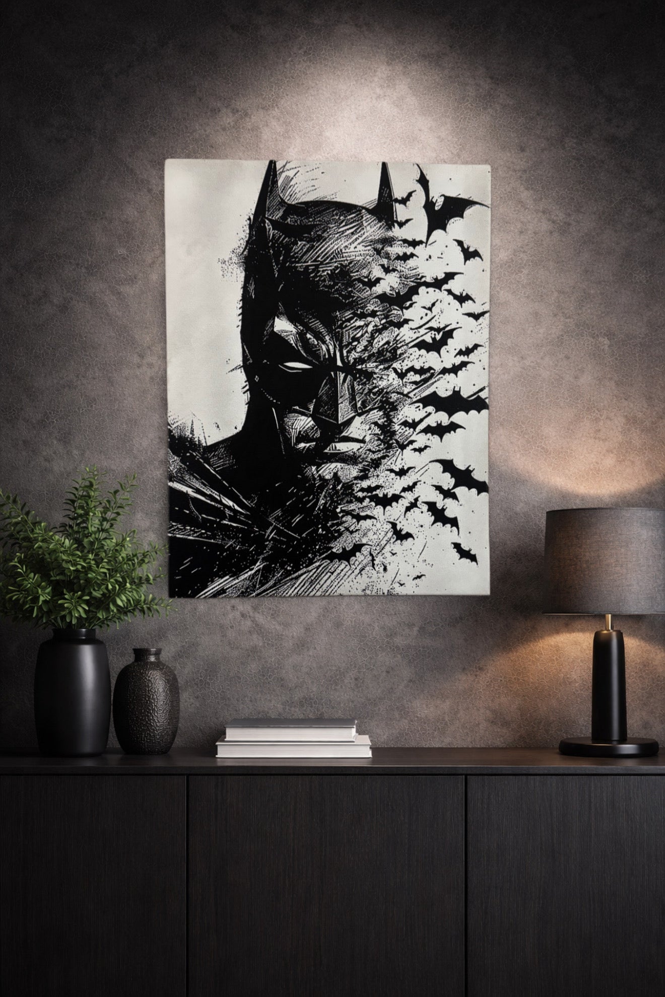Tableau justicier masqué noir et blanc – Art mural sombre – Toile 30x40 cm - DesignRomArt