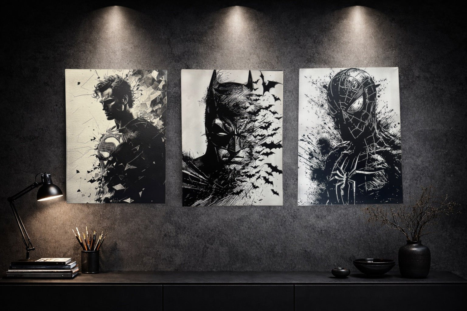 Tableau justicier masqué noir et blanc – Art mural sombre – Toile 30x40 cm - DesignRomArt