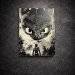 Tableau manga noir et blanc représentant un lien protecteur entre un personnage et un dragon, art mural sur toile 30x40 cm