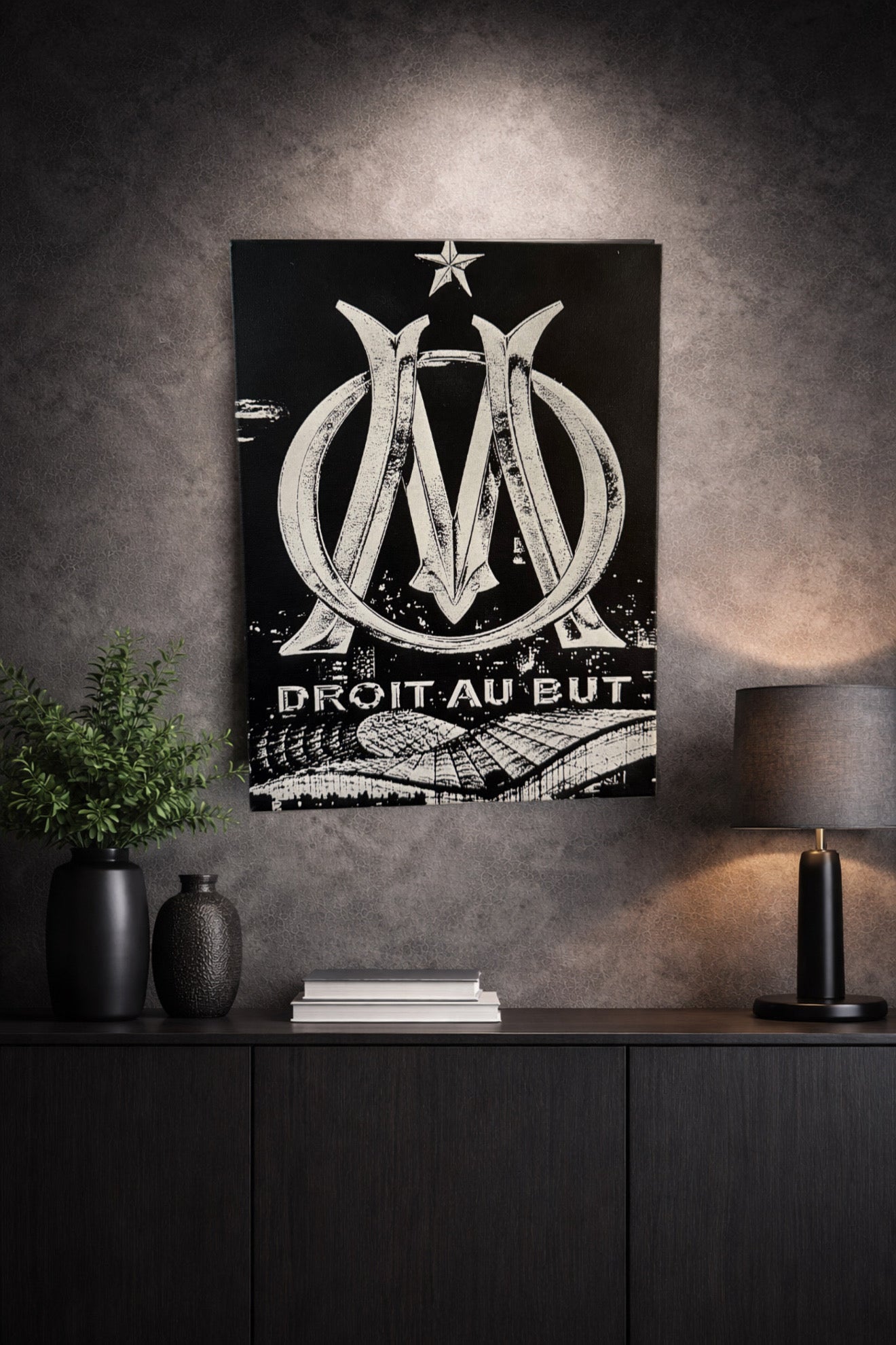 Tableau logo club marseillais droit au but décoration murale football noir et blanc 30x40 cm - DesignRomArt