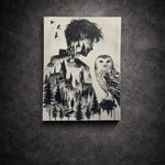 Tableau magie et sorcellerie noir et blanc avec château