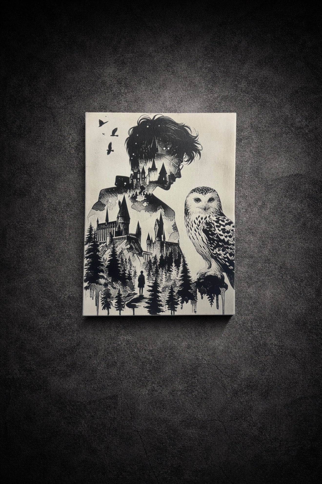 Tableau magie et sorcellerie noir et blanc avec château