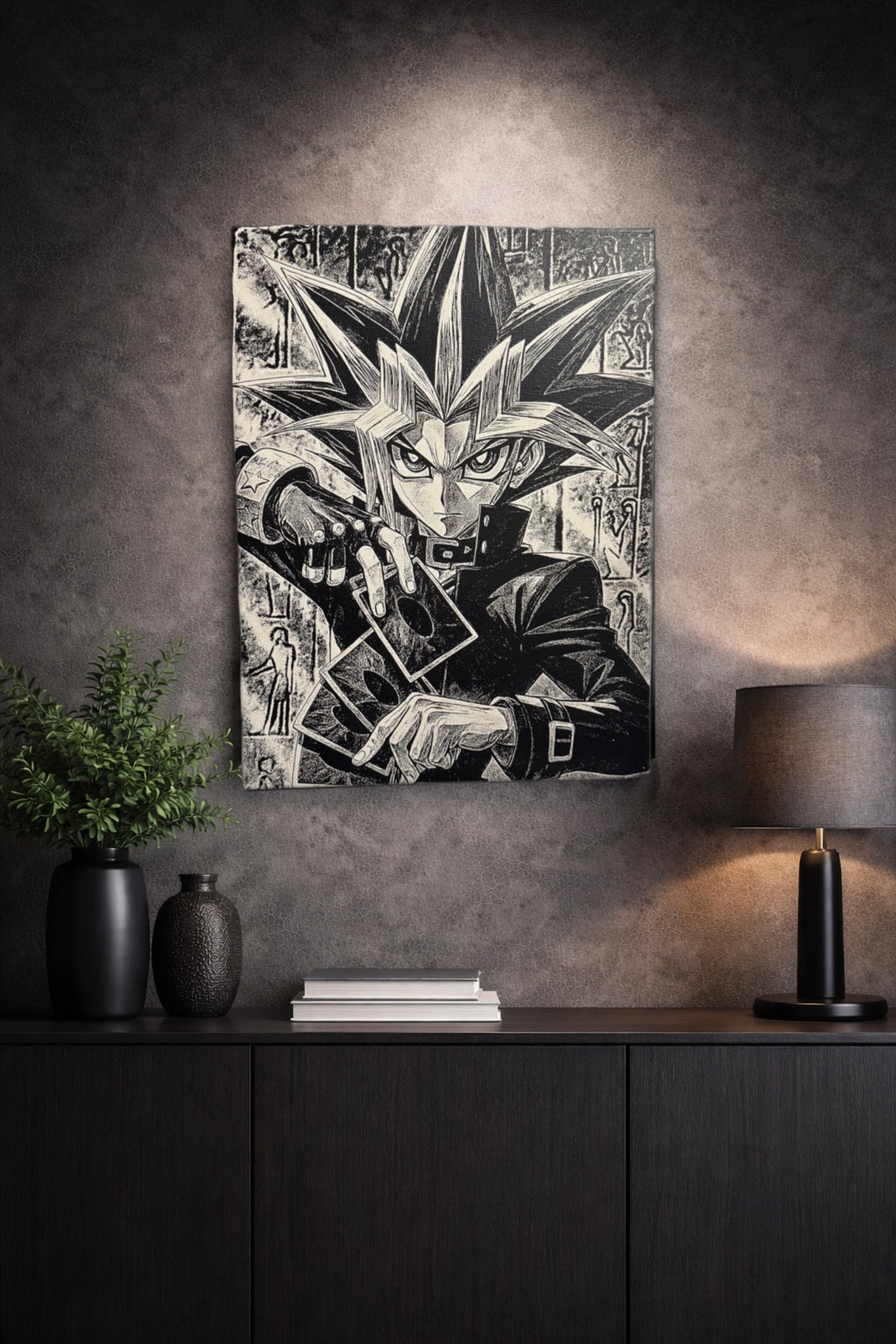 Tableau maître du duel mystique cartes magiques style manga noir et blanc décoration murale 30x40 cm - DesignRomArt