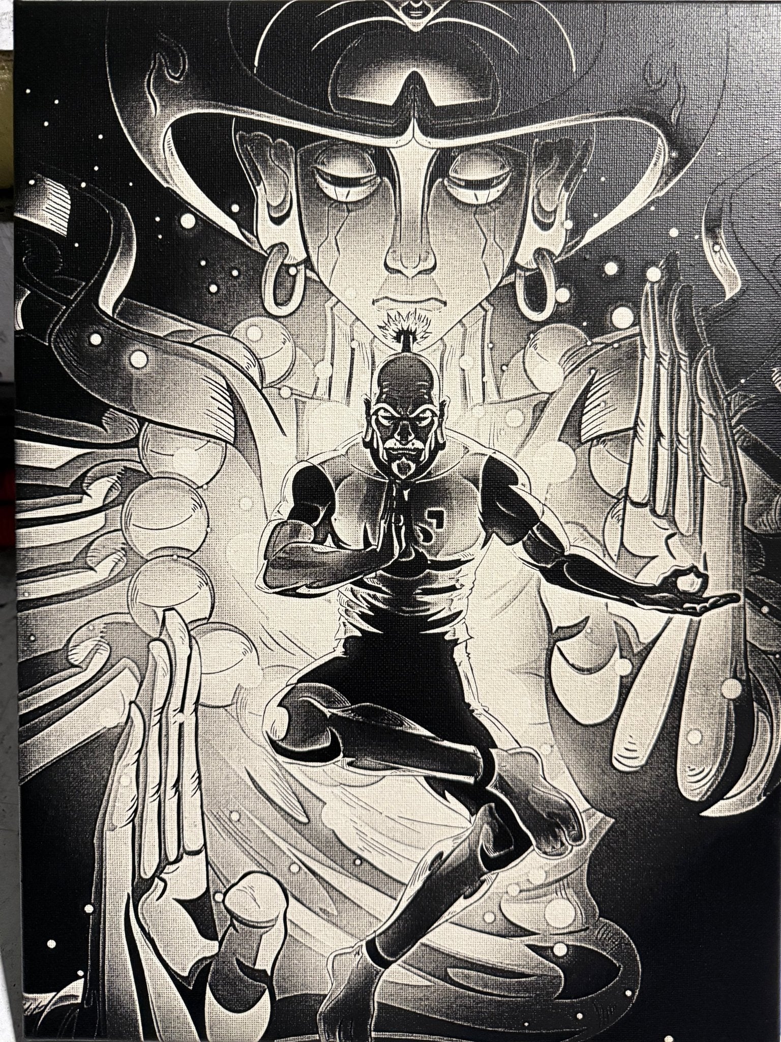 Tableau maître spirituel énergie mystique univers manga noir et blanc décoration murale 30x40 cm - DesignRomArt