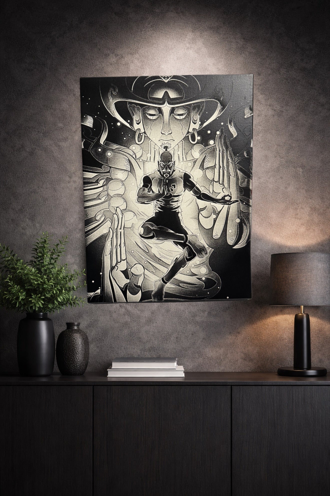 Tableau maître spirituel énergie mystique univers manga noir et blanc décoration murale 30x40 cm - DesignRomArt