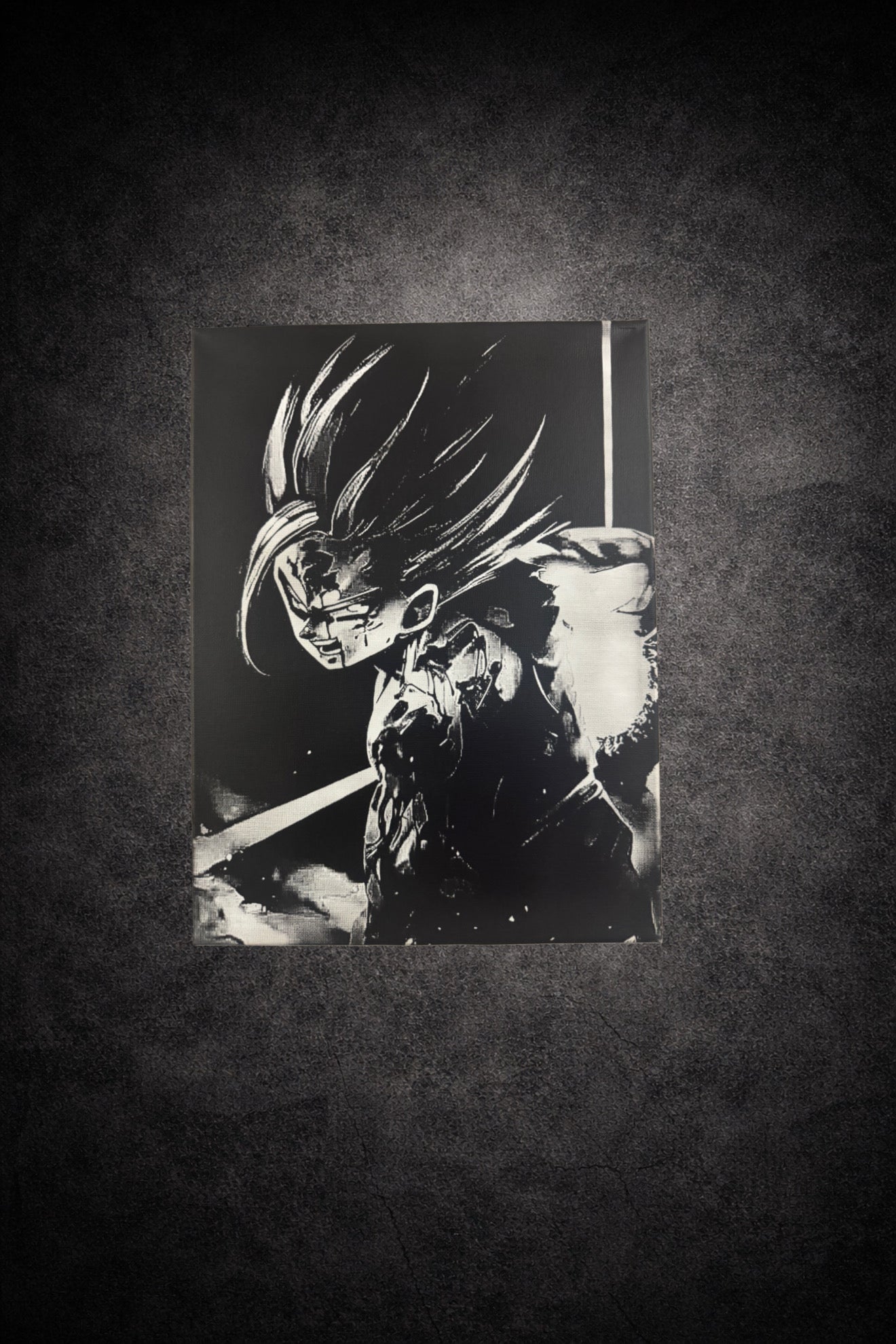 Tableau manga noir et blanc représentant la maîtrise et la projection d’énergie, art mural puissant sur toile 30x40 cm