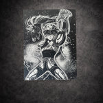 Tableau manga noir et blanc représentant un chevalier cosmique en armure