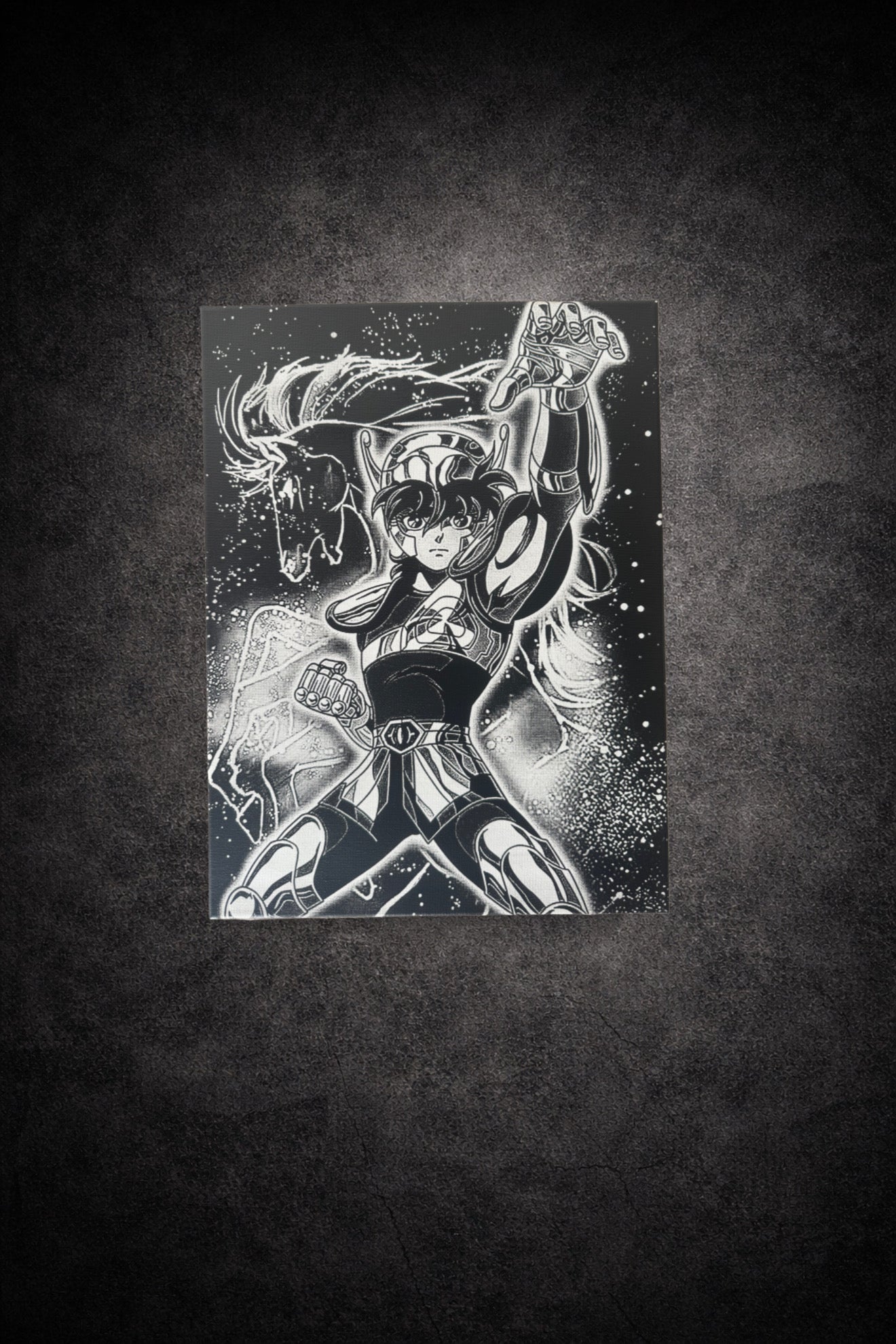 Tableau manga noir et blanc représentant un chevalier cosmique en armure