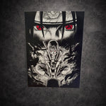 Tableau manga noir et blanc représentant un guerrier ninja aux yeux rouges