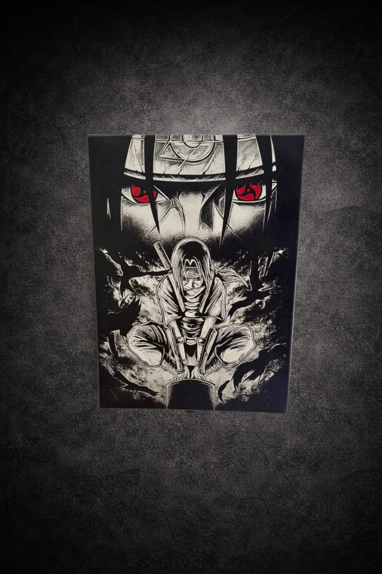 Tableau manga noir et blanc représentant un guerrier ninja aux yeux rouges