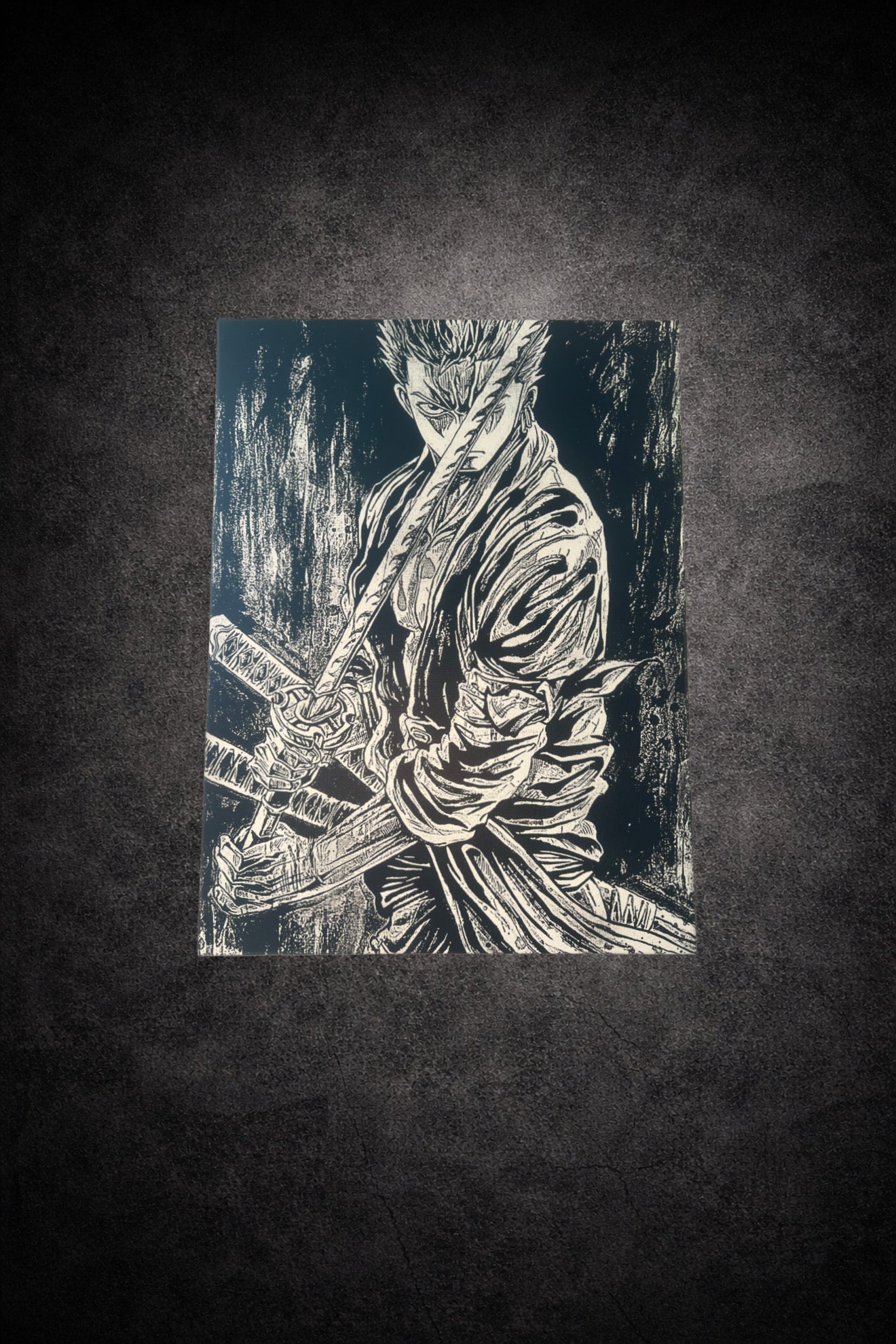 tableau-manga-noir-blanc-guerrier-samourai-sabres-30x40cm