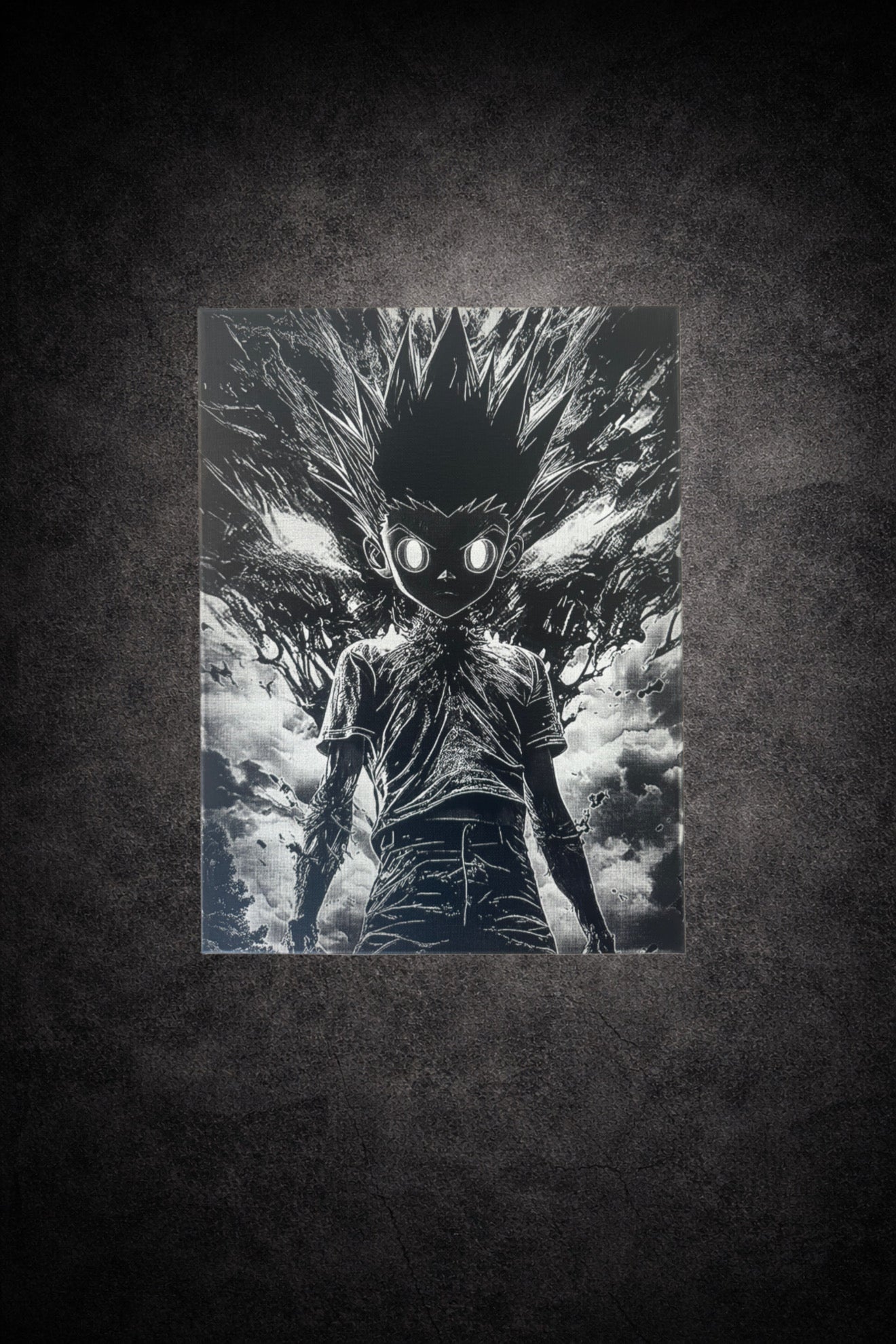 Tableau manga noir et blanc sur toile 30x40 cm, jeune héros à l’aura puissante