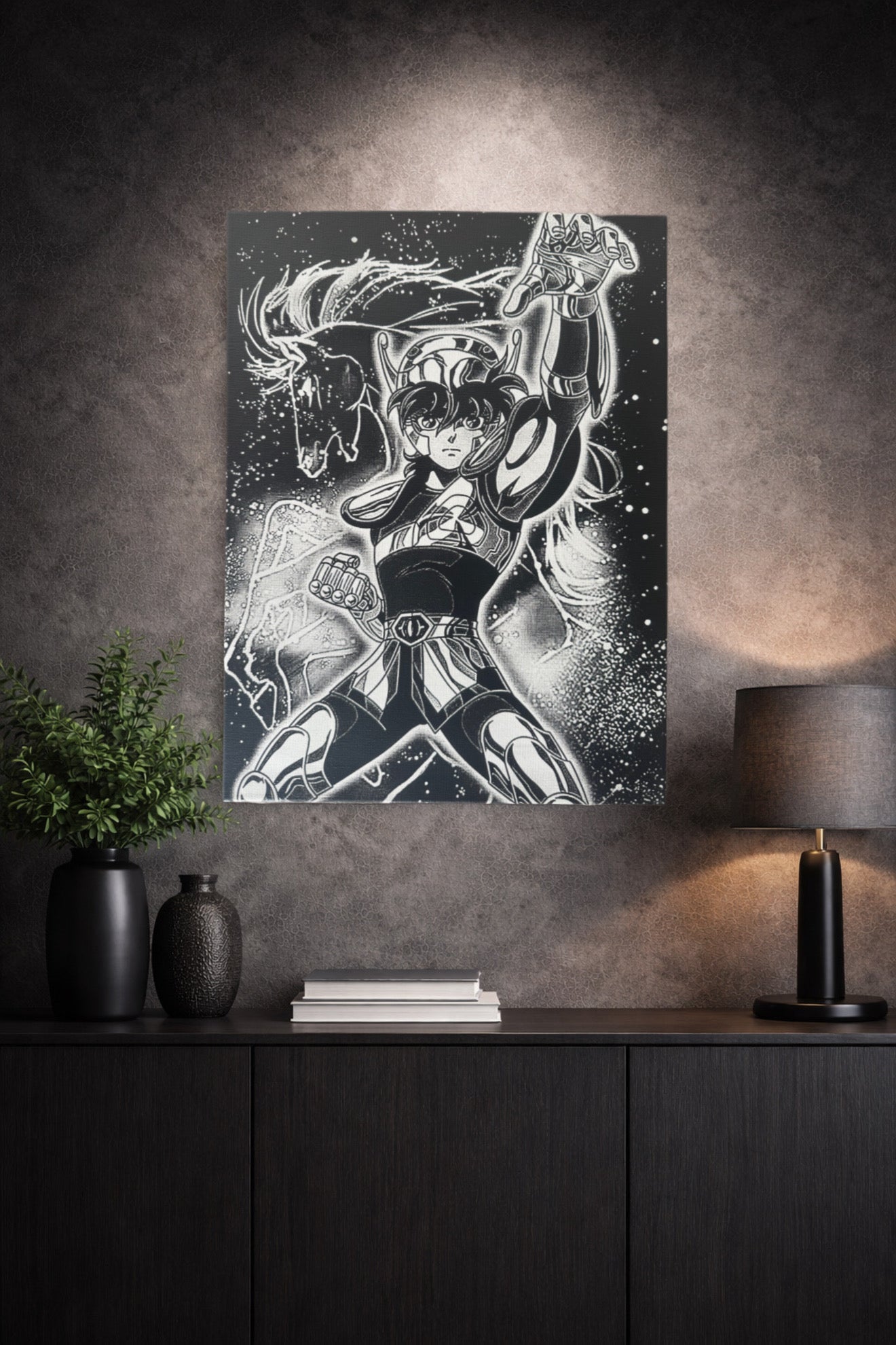 Tableau manga noir et blanc – Chevalier cosmique en armure – Toile murale 30x40 cm - DesignRomArt